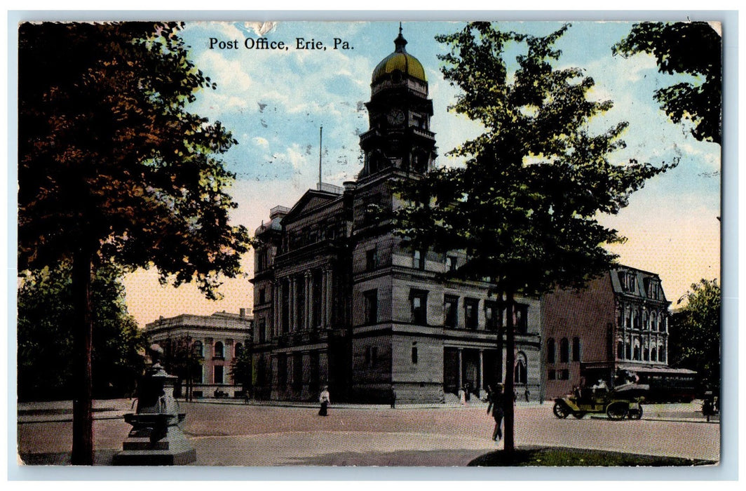 c1950 Post Office Building View Classic Cars Intersection Road Erie PA Postcard