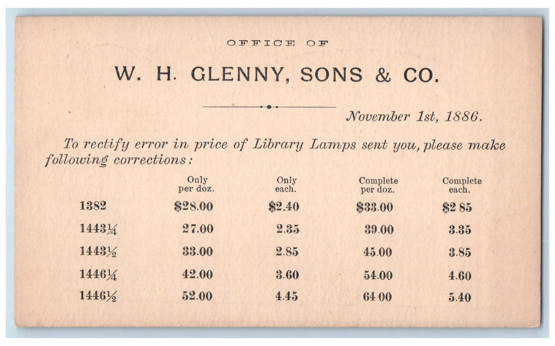 c1905's WH Glenny Sons & Co Rectify Error Price Library Lamps Unposted Postcard