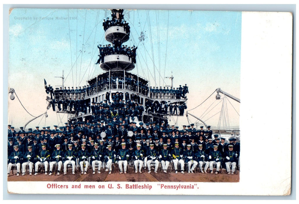 1911 Officers And Men On US Battleship Pennsylvania PA USS Constitution Postcard