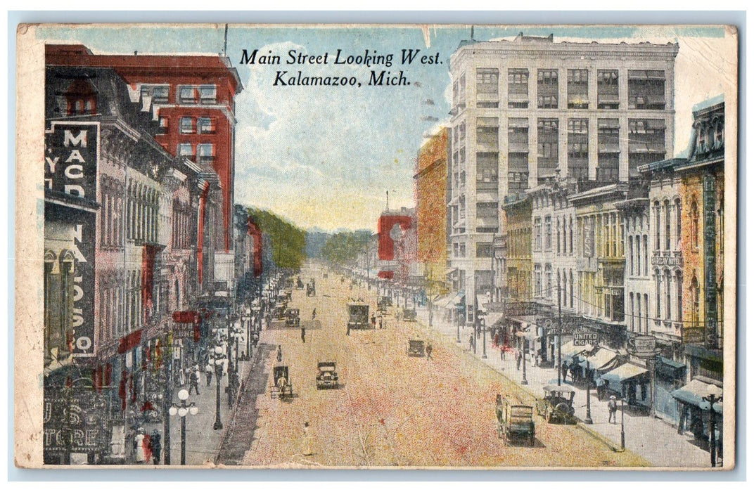 1921 Main Street View Classic Cars Establishment Dirt Road Kalamazoo MI Postcard