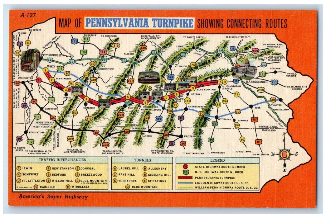 c1950's Map Of Pennsylvania Turnpike Routes Architectural Lines PA Postcard