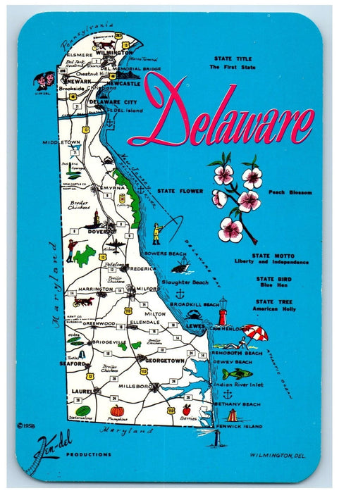 c1950's Delaware Map Routes Places Fishing Restaurant Beach Schools Postcard