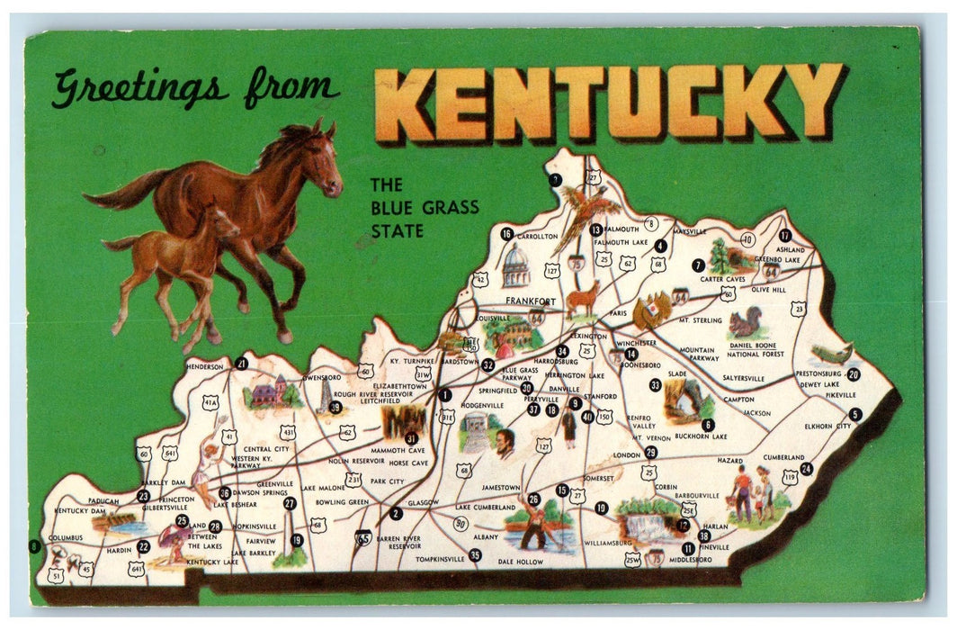 1971 Greetings From Kentucky The Blue Grass State National Parks Map Postcard