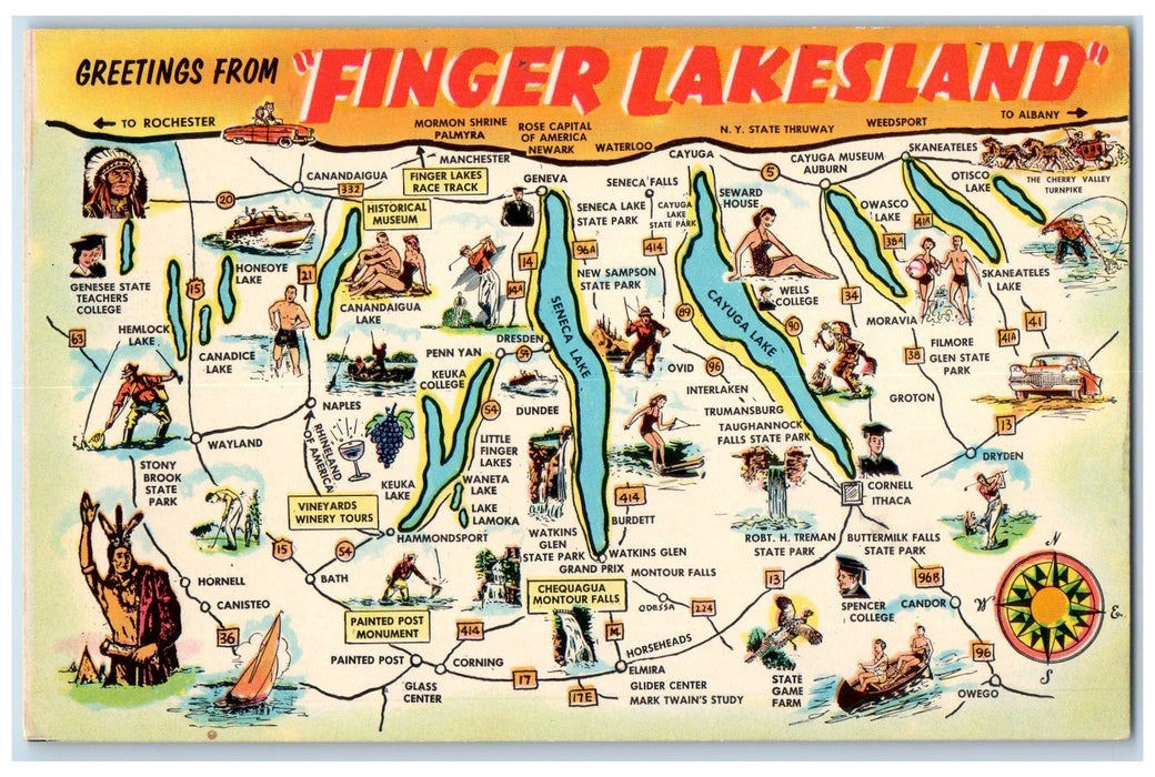 c1950 Greetings From Finger Lakesland Tourist Travel Driving Route Map Postcard
