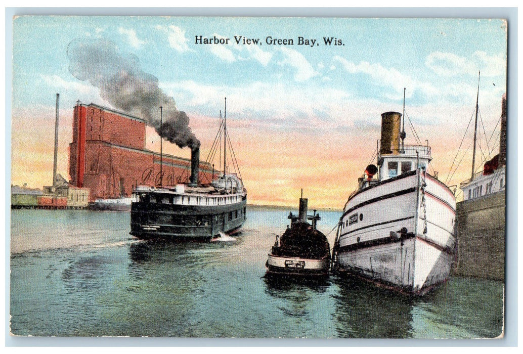 c1910's Harbor View Boats Scene Green Bay Wisconsin WI Unposted Vintage Postcard