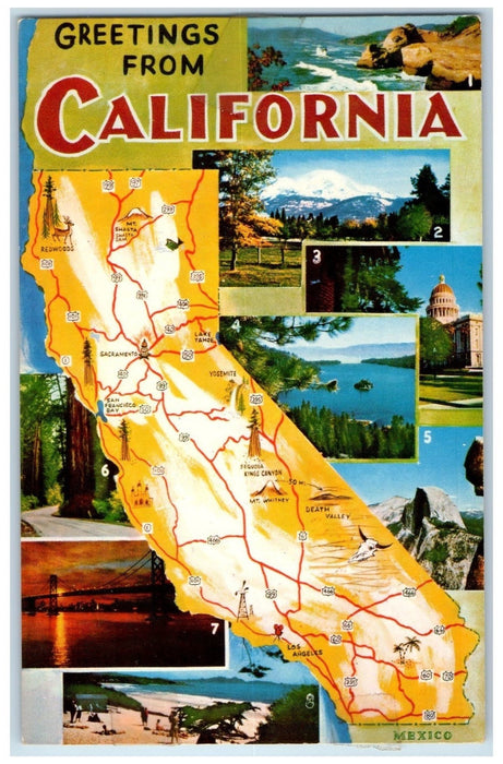 c1950's Greetings From California Composite View Vacation Spot Route Postcard