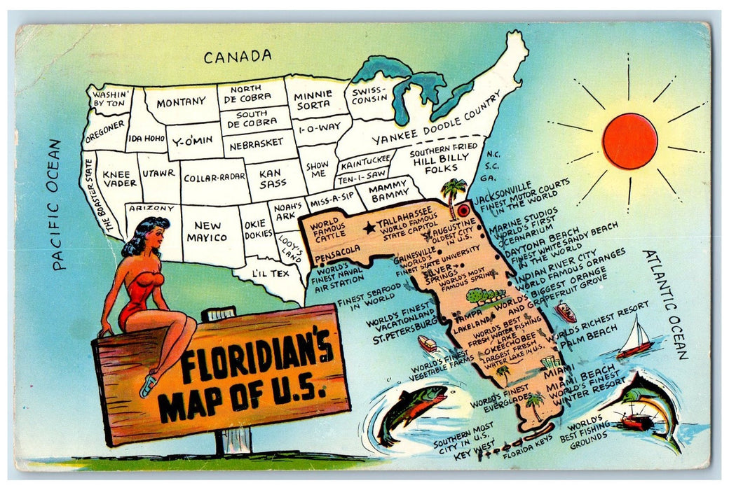 1959 Floridians Map Of US Tourist Guide Vacation Places Illustration Postcard