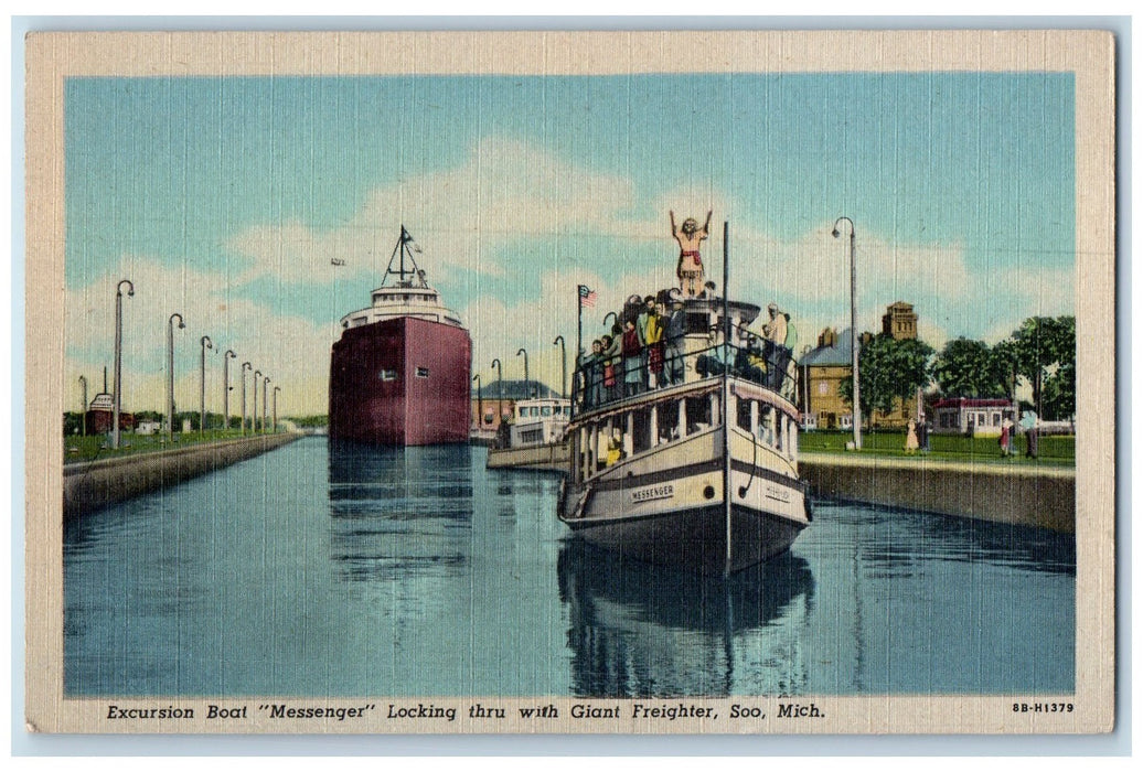 1953 Excursion Boat Messenger Scene Locking Thru Giant Freighter Soo MI Postcard