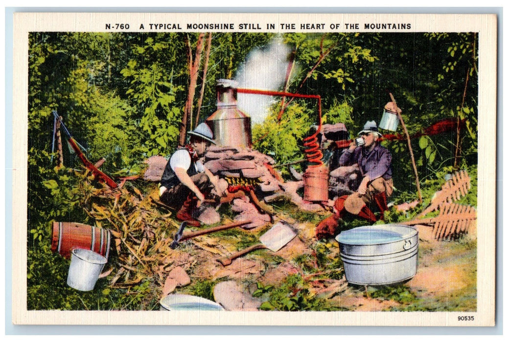 c1950 Typical Moonshine Still Heart Of Mountains Forest Cooking Tourist Postcard