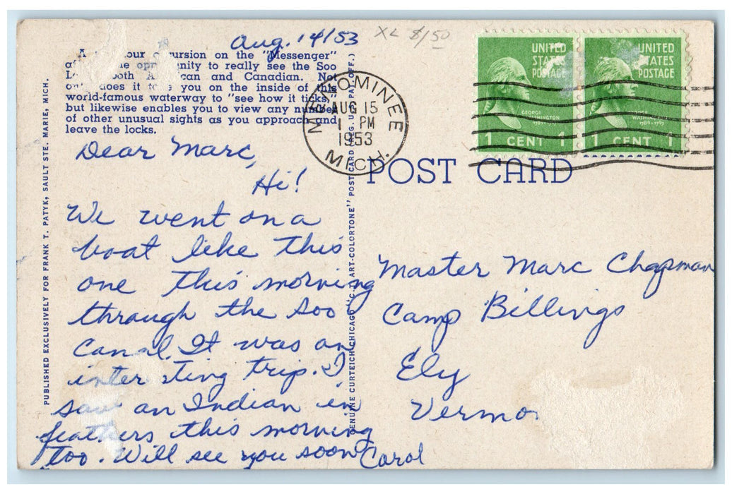 1953 Excursion Boat Messenger Scene Locking Thru Giant Freighter Soo MI Postcard
