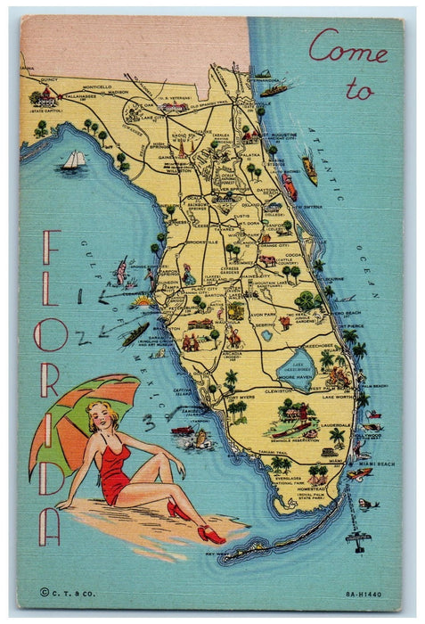 c1950's Come To Florida Tourist Map Vacation Hotels Restaurant Beaches Postcard