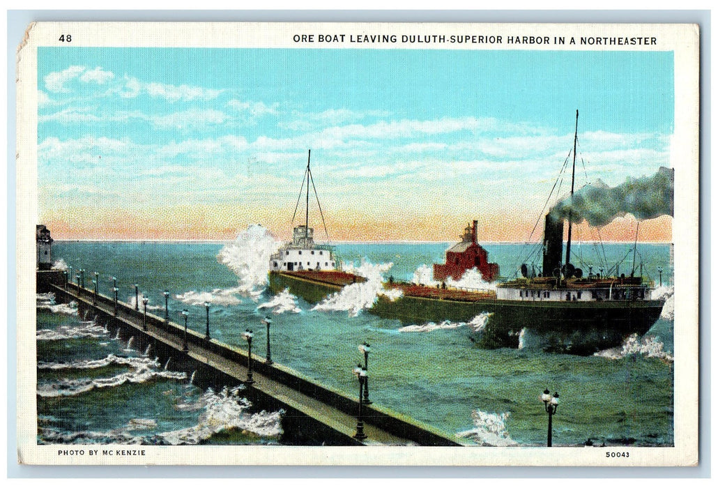c1920's Ore Boat Leaving Duluth Superior Harbor In Northeast Minnesota Postcard