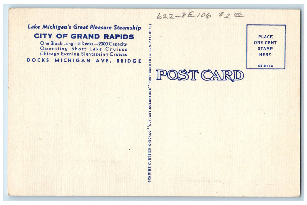 c1940's SS City Of Grand Rapids Great Lakes Cruising Liner Michigan MI Postcard
