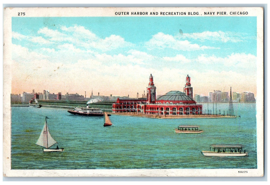 c1920's Outer Harbor And Creation Bldg Navy Pier Chicago Illinois IL Postcard