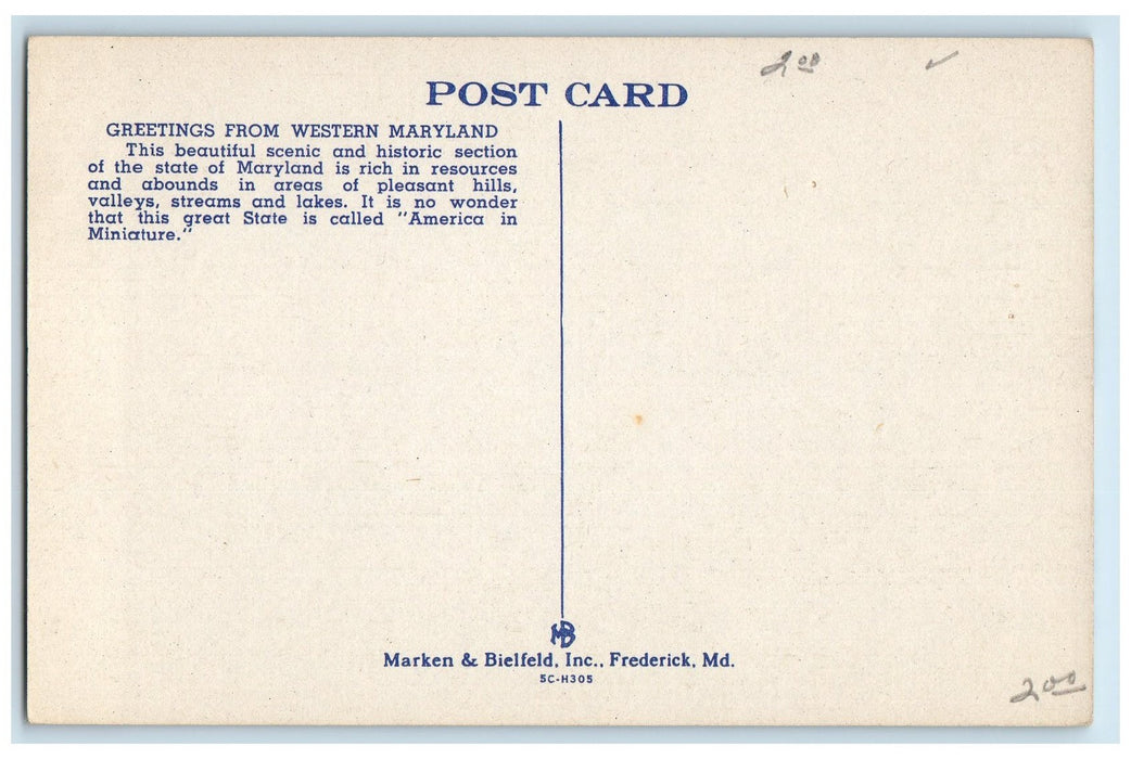 c1950 Greetings From The Scenic Historic Centers Of Western Maryland Postcard