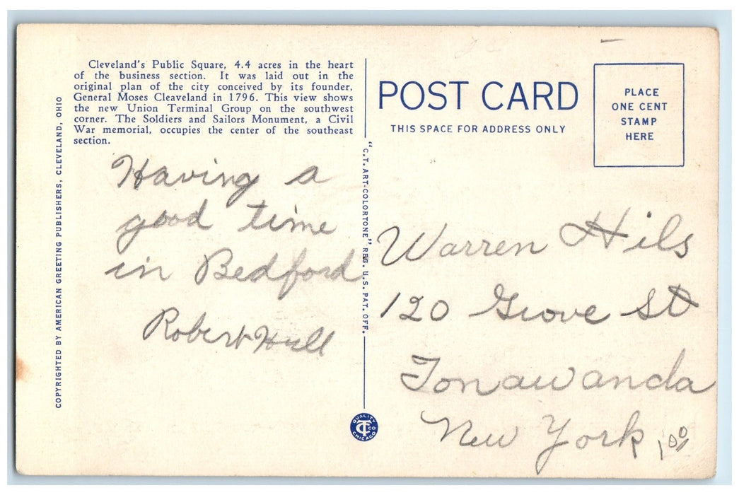 c1950's Correspondence Card Public Square Terminal Tower Cleveland OH Postcard