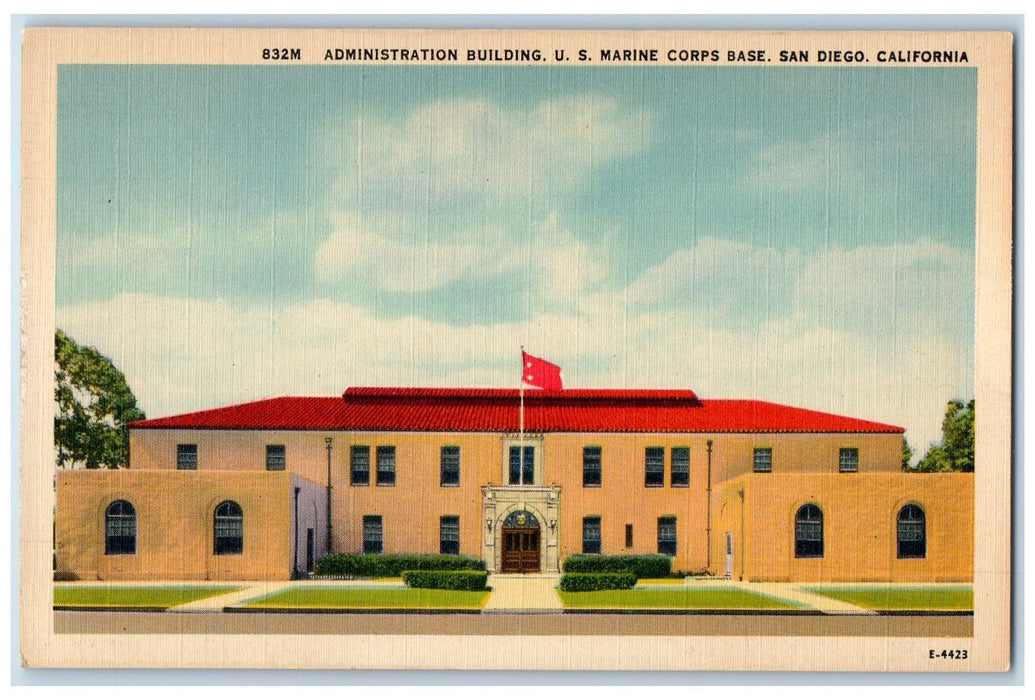 c1950 Administration Building US Marine Corps Base Flag San Diego CA Postcard