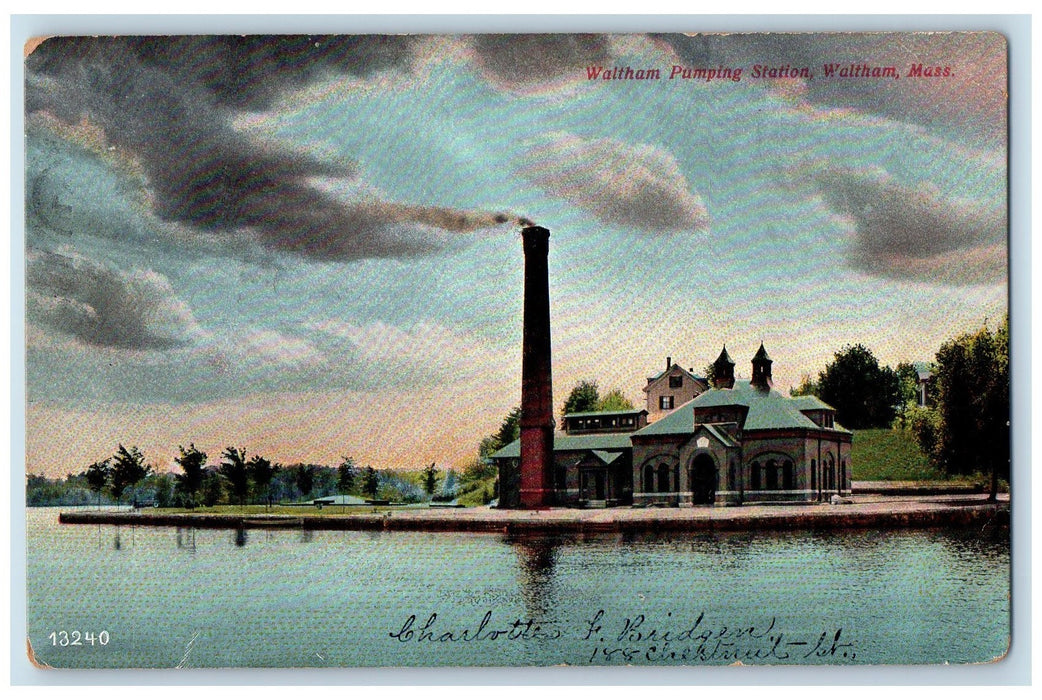1908 Waltham Pumping Station Smokestacks Lake Waltham Massachusetts MA  Postcard