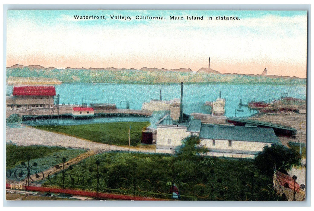 c1950 Waterfront Mare Island In Distance Boat Dock Dirt Road Vallejo CA Postcard