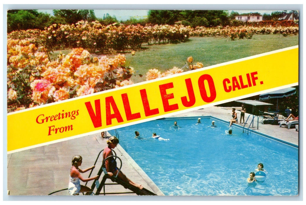 c1950 Greetings From Vallejo Swimming Pool Flowers Plantation View CA Postcard