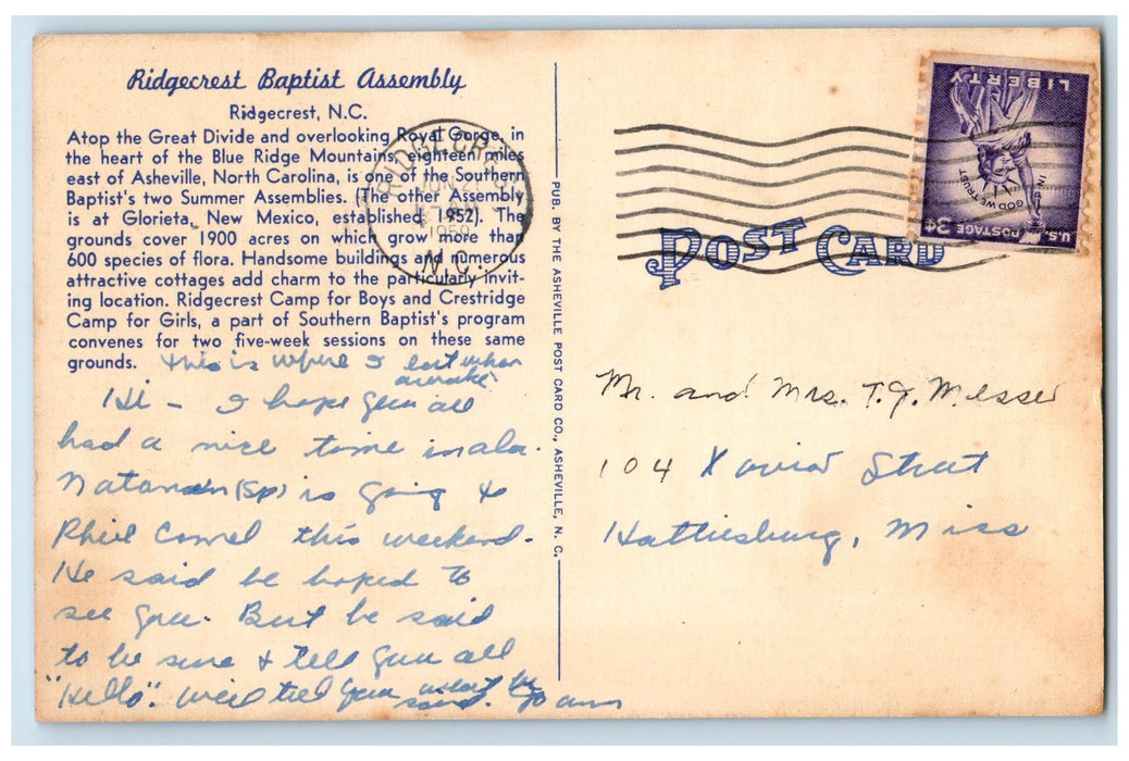 1959 Dining Hall View Ridgecrest Baptist Assembly Ridgecrest NC Posted Postcard