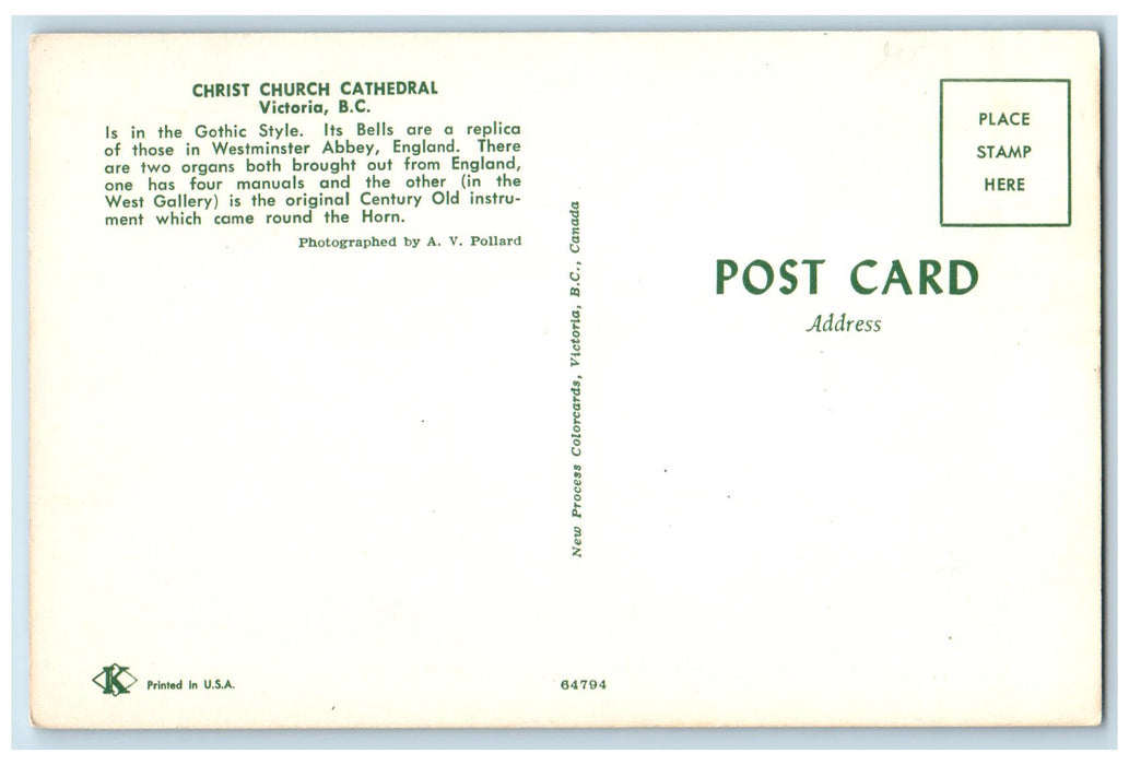 c1960's Christ Church Cathedral Victoria British Columbia BC Unposted Postcard