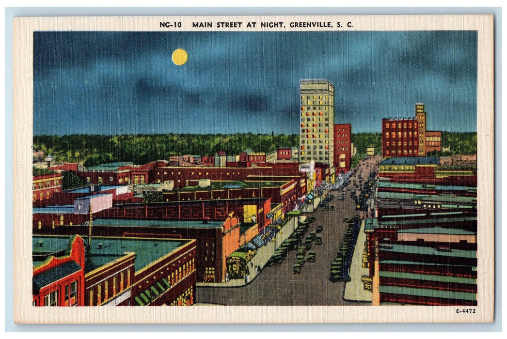 c1940s Main Street At Night Scene Greenville South Carolina SC Unposted Postcard