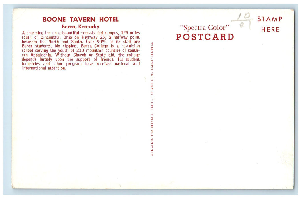 c1960's Boone Tavern Hotel Roadside Berea Kentucky KY Unposted Vintage Postcard