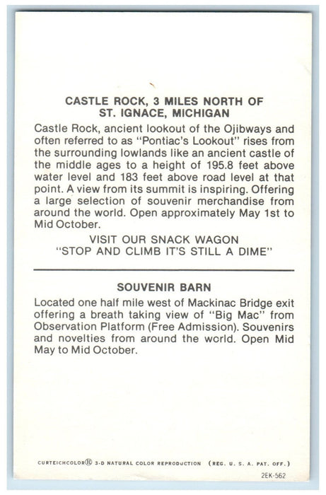 c1960's Castle Rock 3 Miles North Of St. Ignace Michigan Souvenir Barn Postcard