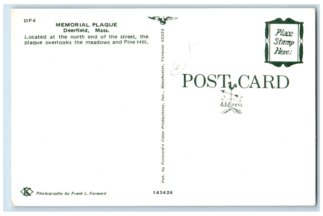 c1960's Memorial Plaque Scene Deerfield Massachusetts MA Posted Vintage Postcard