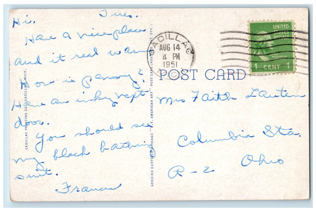 1951 Lake Mitchell Scenic View Cadillac Michigan MI Posted Vintage Postcard