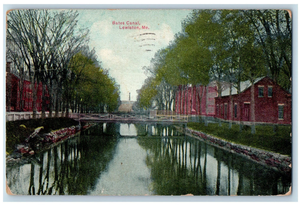 1912 Bates Canal Lake Lined Trees Houses Smokestacks Lewiston Maine ME Postcard