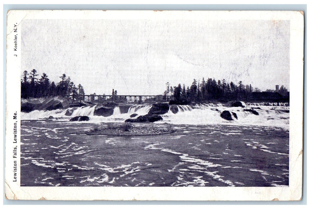 c1905 Lewiston Falls Bridge Building Splash Cascade Grove Lewiston ME Postcard