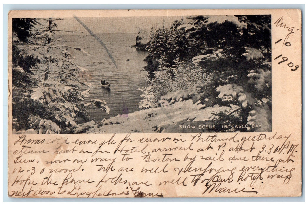 1903 Snow Scene In Casco Bay Boating Souvenir Of Portland Lighthouse ME Postcard