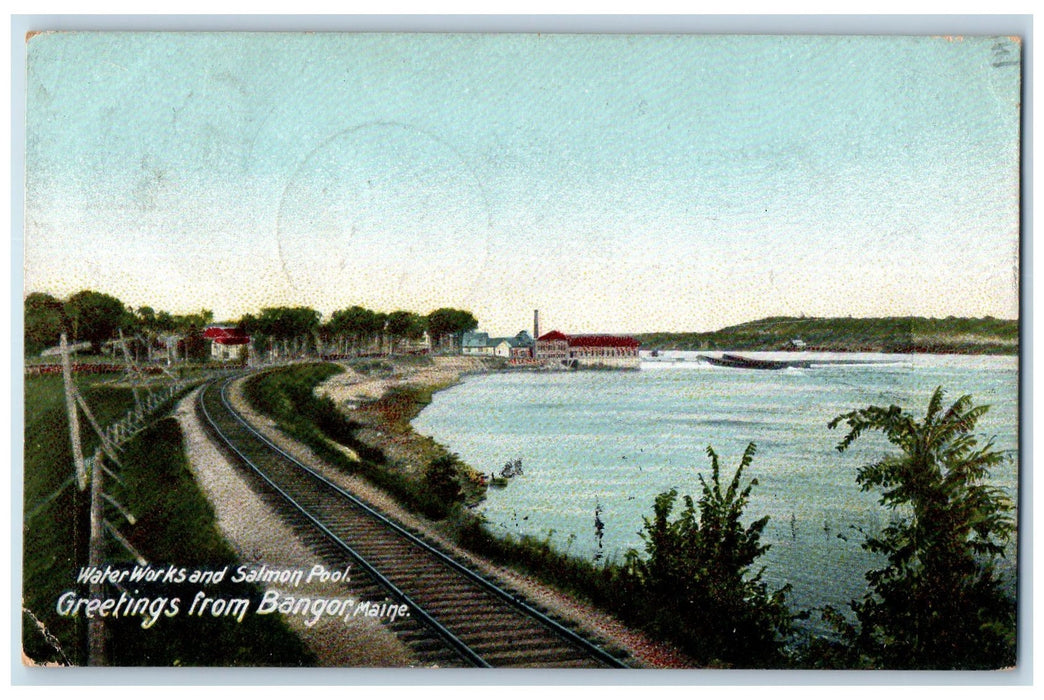 1906 Greetings From Bangor Water Works Salmon Pool Railroad House Maine Postcard