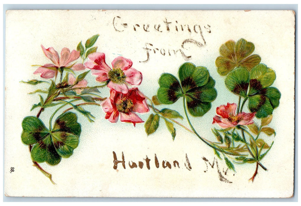 1907 Greetings From Hartland Embossed Flower Leaves Hartland Maine Postcard