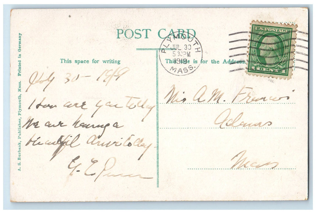 1919 Site of Watch Tower Burial Hill Plymouth Massachusetts MA Posted Postcard
