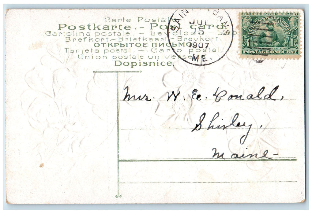 1907 Greetings From Hartland Embossed Flower Leaves Hartland Maine Postcard