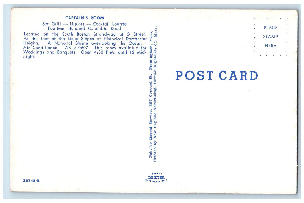 1956 Captain's Room Dining Room Sea Grill Dorchester Massachusetts MA Postcard