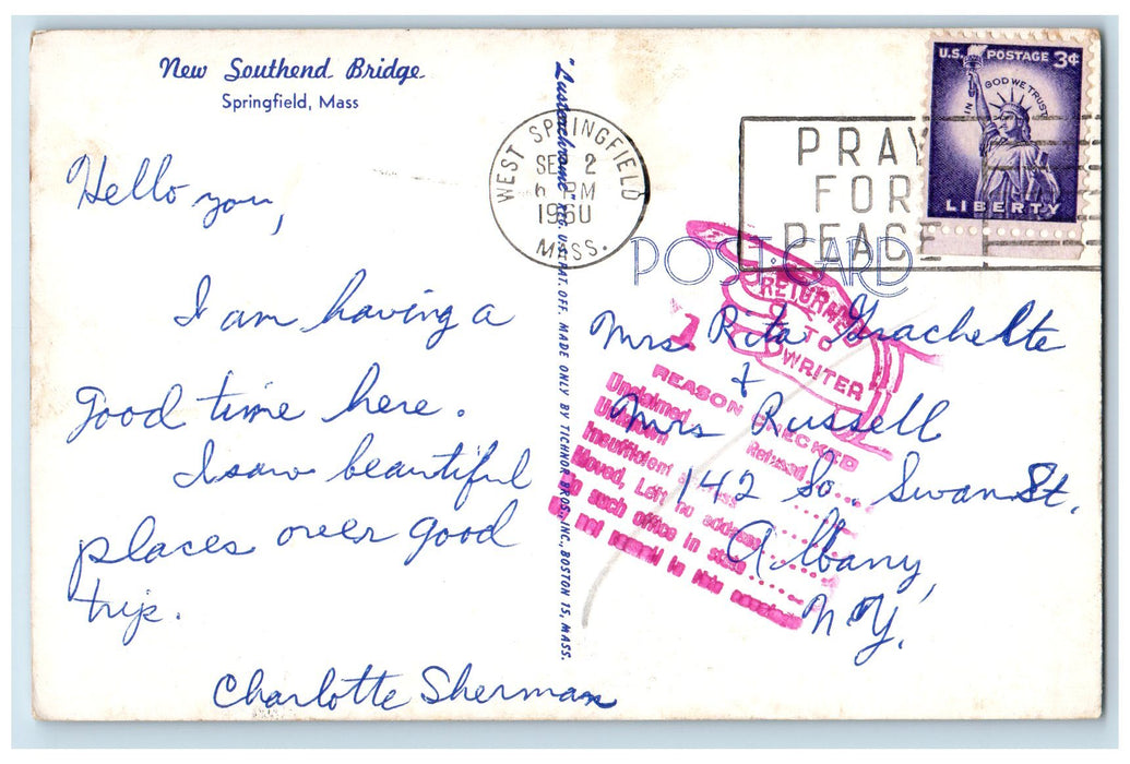 1960 New Southend Bridge Scene Springfield Massachusetts MA Posted Postcard