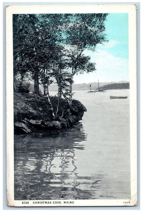 1933 Christmas Cove Creek Sailboat Fishing Boat Trees Mountain Maine ME Postcard