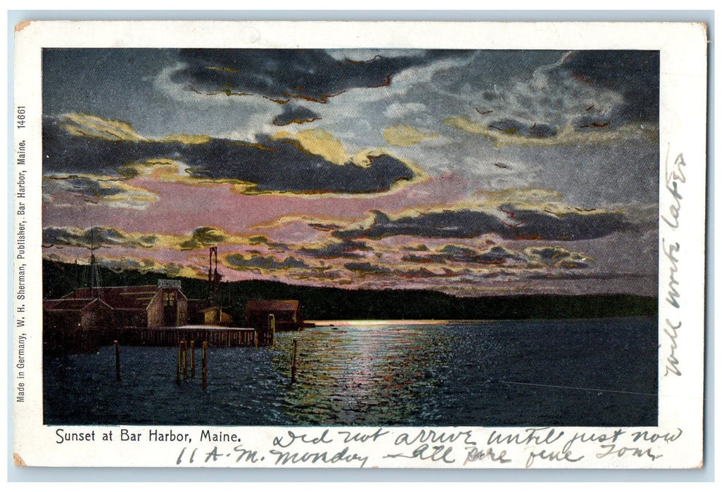 c1905 Sunset At Bar Harbor Boat Dock Pier Wooden Building Maine ME Postcard