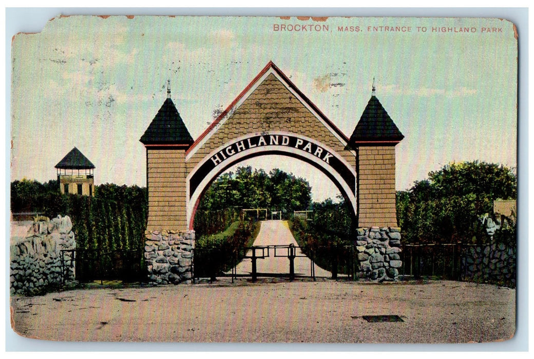 1916 Entrance To Highland Park Scene Brockton Massachusetts MA Posted Postcard