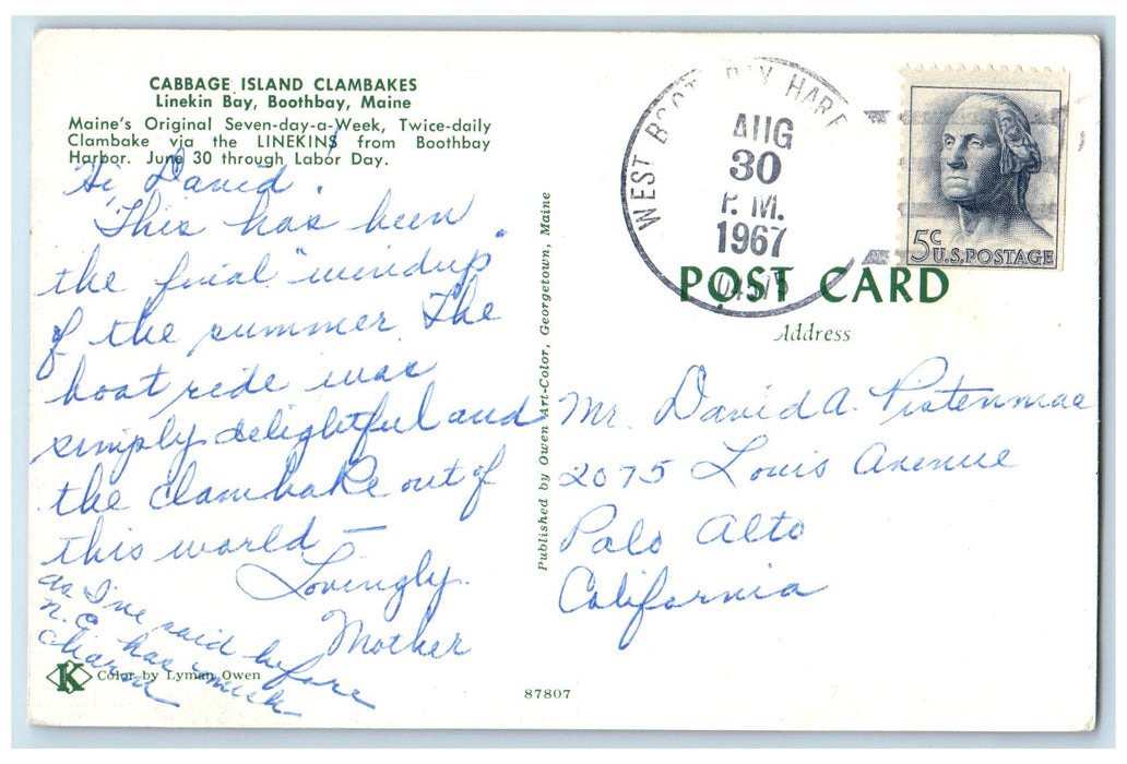 1967 Cabbage Island Clambakes Linekin Bay Restaurant Boothbay Maine ME Postcard