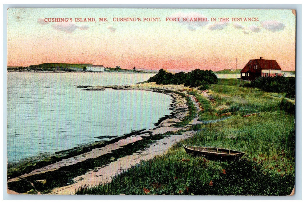 1931 Cushing's Point Fort Scammel View Docking Boat Cushing's Island ME Postcard