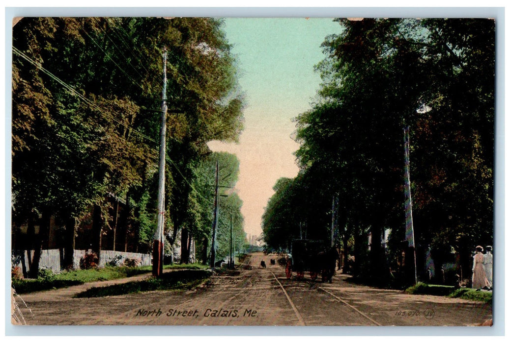 c1950 North Street Horse Carriage Dirt Road Lined Trees Calais Maine ME Postcard