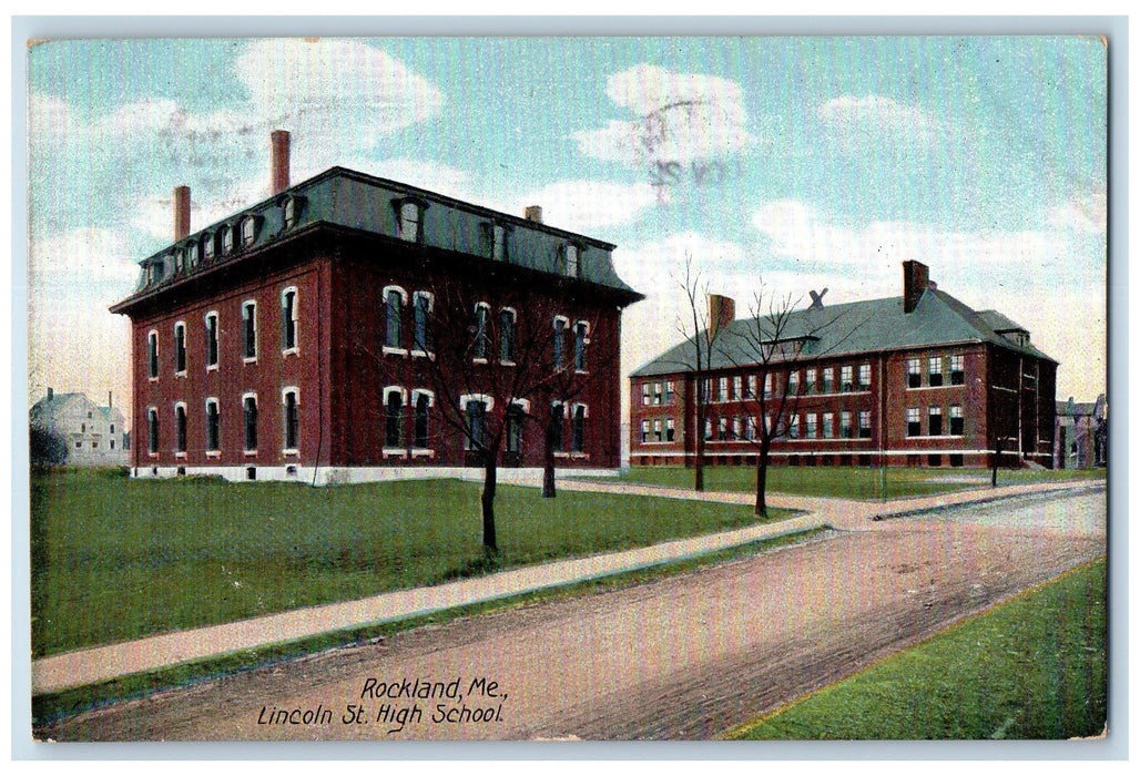 1907 Lincoln Street High School Building Campus Dirt Road Rockland ME Postcard