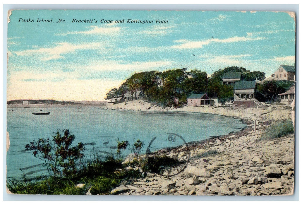 c1950 Brackett's Cove Torrington Point Rocky Shore Boat Peaks Island ME Postcard