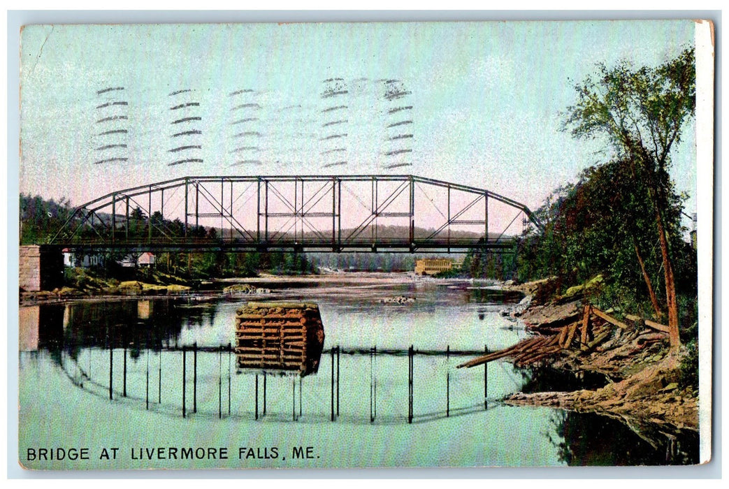 1908 Bridge Steel Lake Reflection Logs Trees Livermore Falls Maine ME Postcard