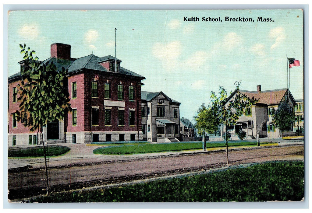 1914 Keith School Roadside Scene Brockton Massachusetts MA Posted Flag Postcard